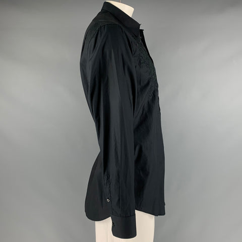 GIANFRANCO FERRE Size L Black Embroidery Cotton Button Up Long Sleeve Shirt