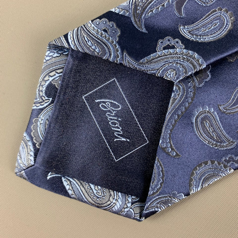 BRIONI Navy Blue Paisley Silk Satin Tie