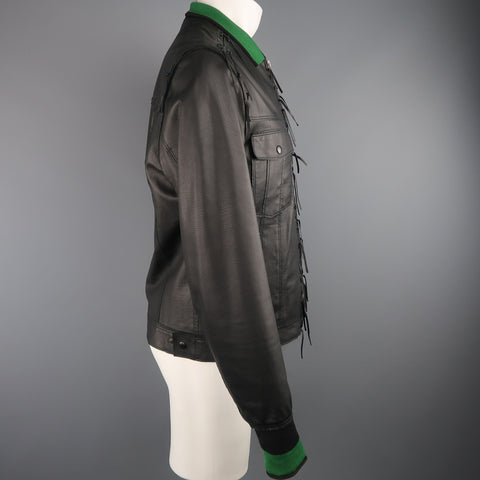 LANVIN US 42 / IT 52 Black Leather Fringe Trim Green Collar Bomber Jacket