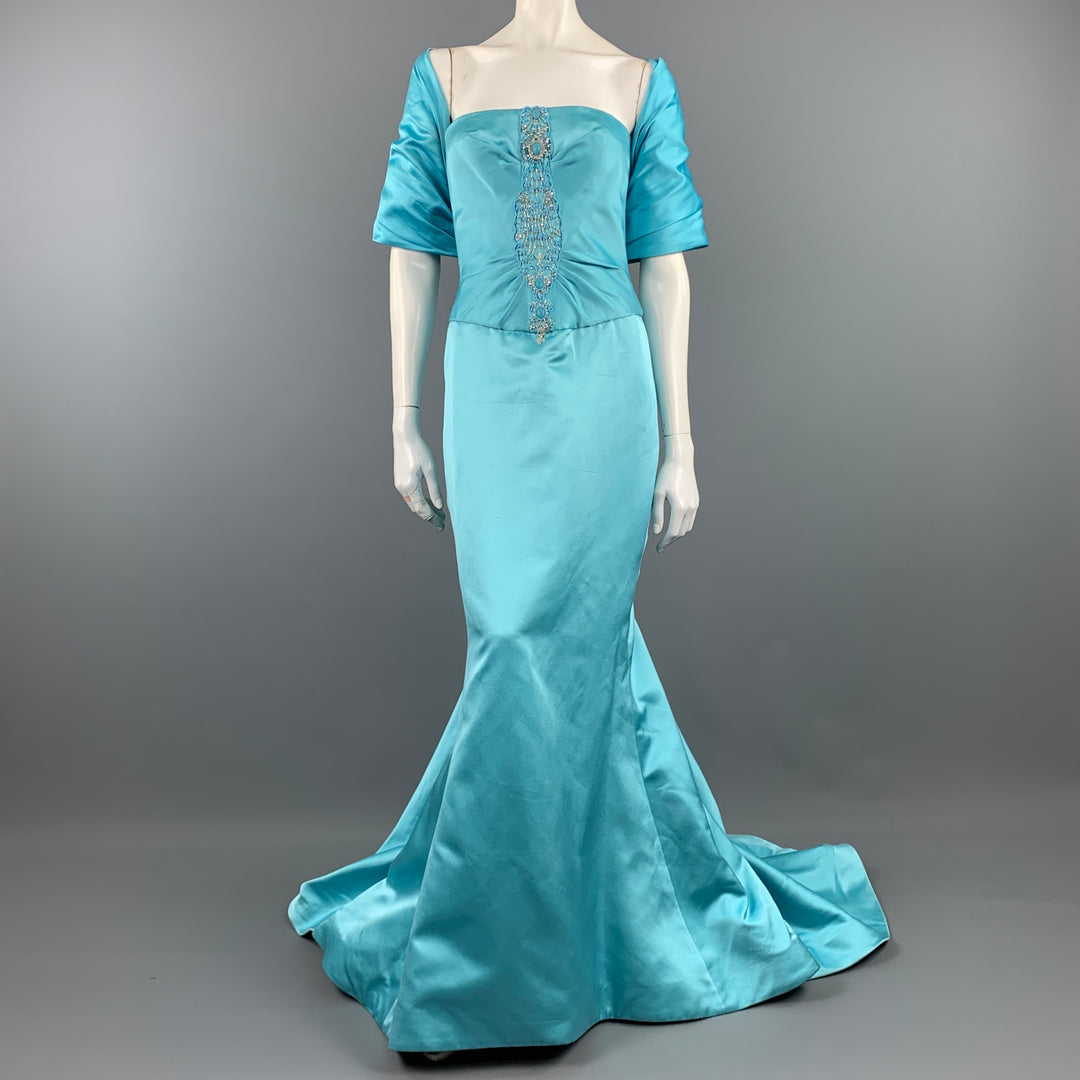 REEM ACRA Size M Blue Silk Strapless Beaded Gown & Bolero Shrug Sui Generis Designer Consignment REEM ACRA Size M Blue Silk Strapless Beaded Gown & Bolero Shrug Sui Generis Designer Consignment