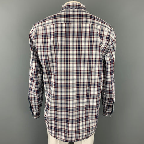 ERMENEGILDO ZEGNA Size XL White & Navy  Plaid Cotton Long Sleeve Shirt