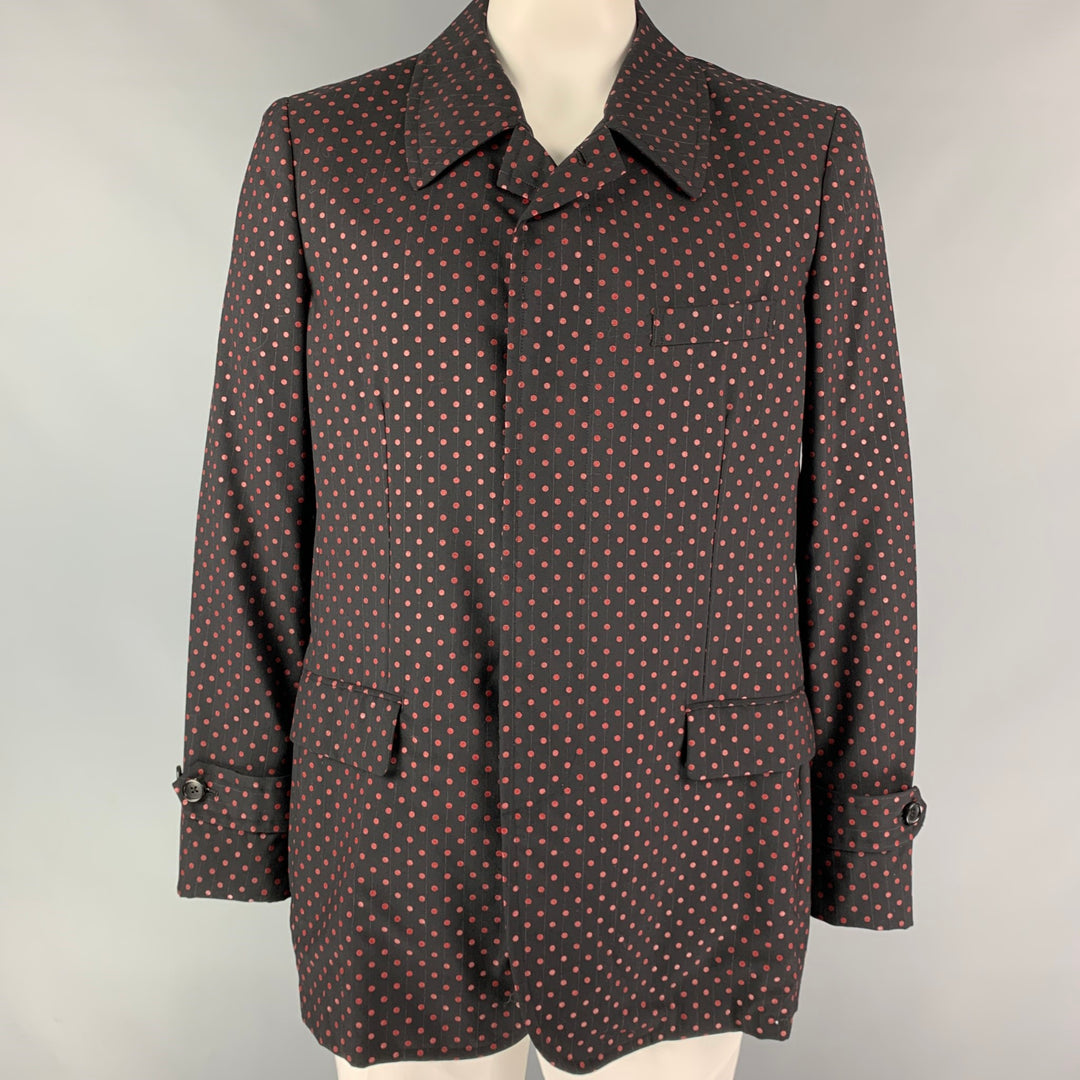 COMME des GARCONS HOMME PLUS Size XL Black & Red Polka Dots Wool Coat