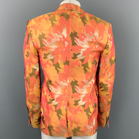 DRIES VAN NOTEN Size 38 Orange & Olive Metallic Jacquard Notch Lapel Sport Coat
