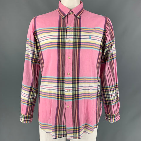 RALPH LAUREN Size L Pink Multi-Color Madras Cotton Button Down Long Sleeve Shirt