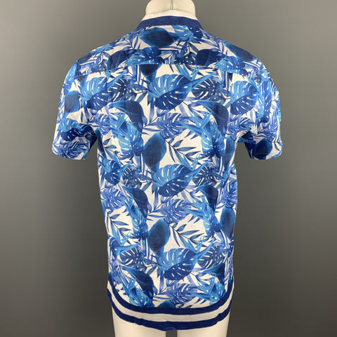 BROOKLYN BRIGADE Size M Blue & White Floral Linen Button Up Short Sleeve Shirt