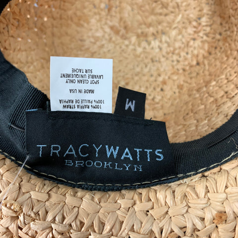 TRACY WATTS Size M Natural & White Woven Raffia Fedora Hat