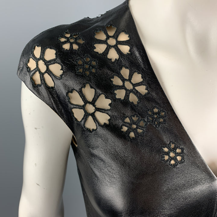 REEM ACRA Size 4 Black Leather Floral Cutout  Cocktail Dress