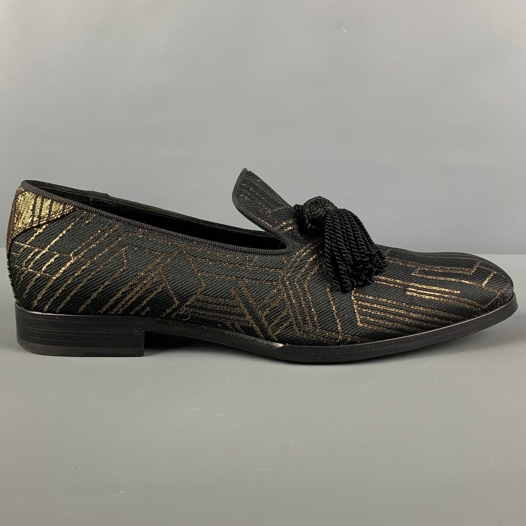 JIMMY CHOO Size 9 Black Gold Metallic Leather Slip On Loafers