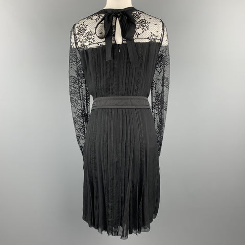 PRADA Talla 10 Vestido de cóctel de manga larga con top de encaje de seda plisado negro