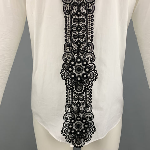 BURBERRY PRORSUM Spring 2016 Size S White Black Guipure Applique Cotton Long Sleeve Shirt