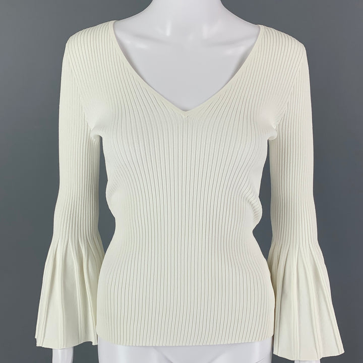 CAROLINA HERRERA Size M White Viscose Polyester Ribbed V-Neck Casual Top