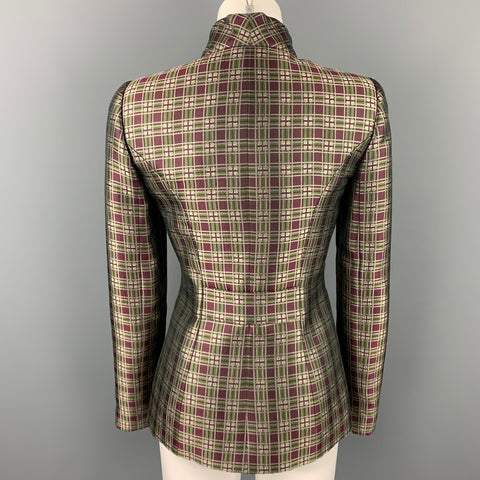 GIORGIO ARMANI Size 2 Burgundy / Green Plaid Wool Blend Nehru Collar Jacket