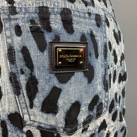 DOLCE & GABBANA Size 6 Blue Lepard Print Distressed Denim Pencil Skirt