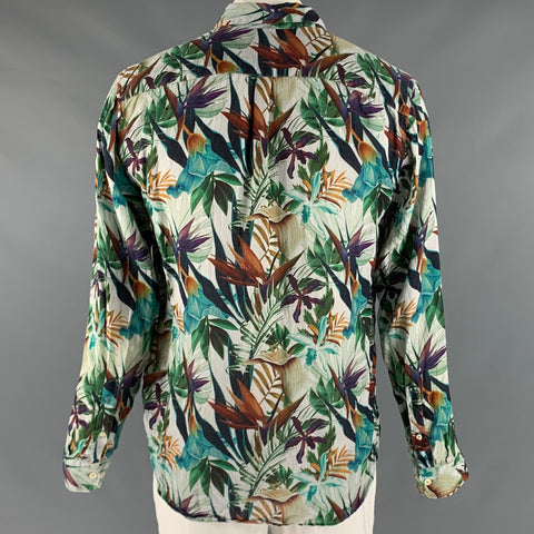 120% LINO Size 44 Blue Multi-Color Floral Linen Button Up Long Sleeve Shirt