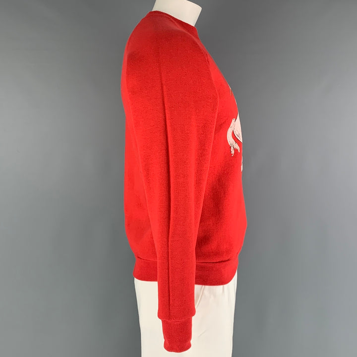 VINTAGE Size L Red Graphic Cotton Polyester Raglan Sweatshirt