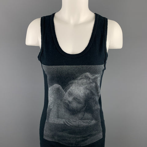 ANN DEMEULEMEESTER Size 6 Black Graphic Cotton Casual Top