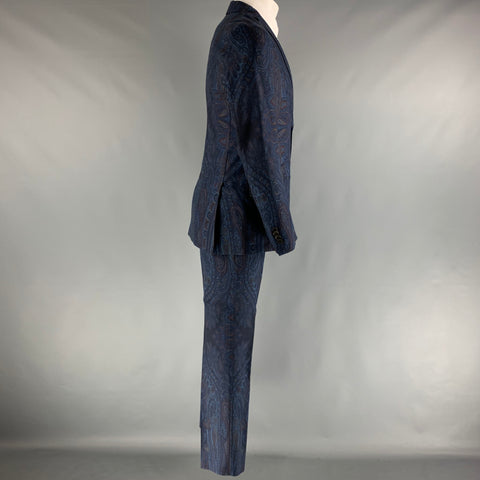 ETRO Chest Size 38 Navy Blue Paisley Wool Notch Lapel 32 31 Suit