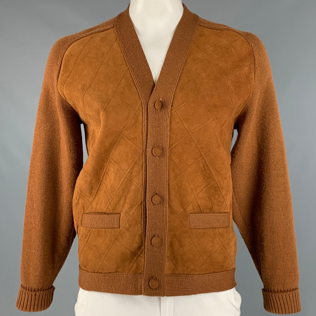TUNDRA Size L Camel Virgin Wool Suede Elbow Patches Cardigan