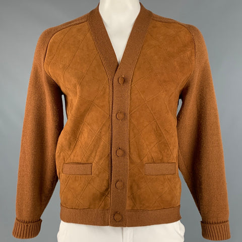 TUNDRA Size L Camel Virgin Wool Suede Elbow Patches Cardigan