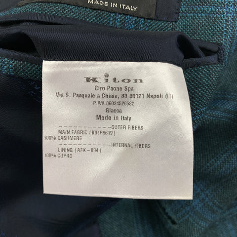 KITON Size 44 Dark Green Blue Plaid Cashmere Notch Lapel Sport Coat