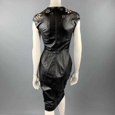 REEM ACRA Taille 4 Robe de cocktail à découpe florale en cuir noir