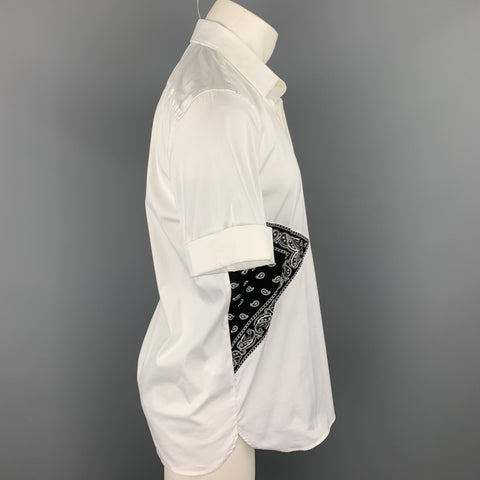 NEIL BARRETT Size L White & Black Mixed Fabrics Cotton Blend Short Sleeve Shirt