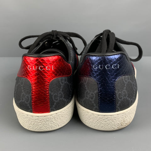GUCCI Size 11 Black Grey Monogram Leather Lace Up Sneakers
