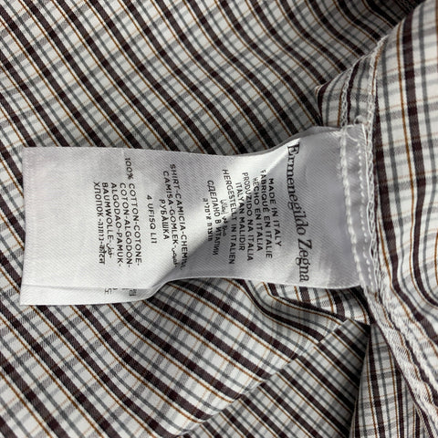 ERMENEGILDO ZEGNA Size XL White & Brown Window Pane Cotton Long Sleeve Shirt
