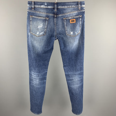 DOLCE & GABBANA Size 32 Indigo Distressed Denim Button Fly Jeans