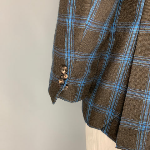 KITON Size 44 Brown Blue Plaid Cashmere Notch Lapel Sport Coat