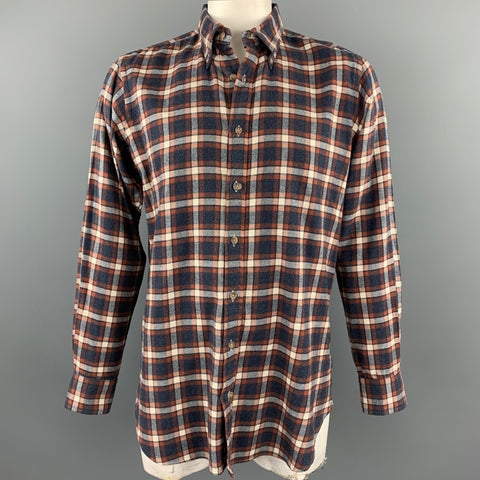 HAMILTON Size L Navy & Brick Plaid Brushed Cotton Button Down Long Sleeve Shirt