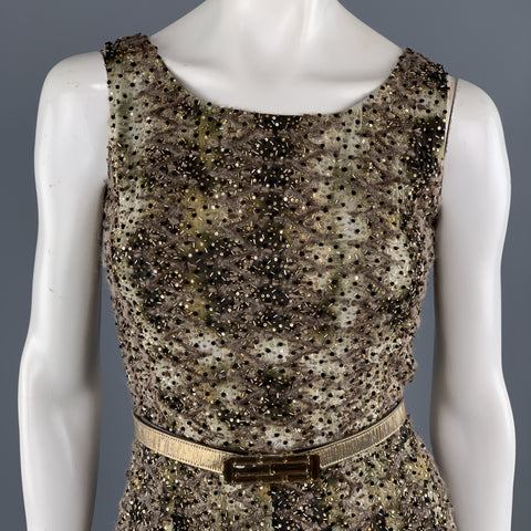 OSCAR DE LA RENTA Size 2 Green Tie Dye Taupe Embroidered Beaded Cocktail Dress