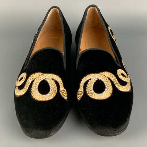 STUBBS & WOOTTON Size 9 Black Velvet Embroidered Slip On Flats