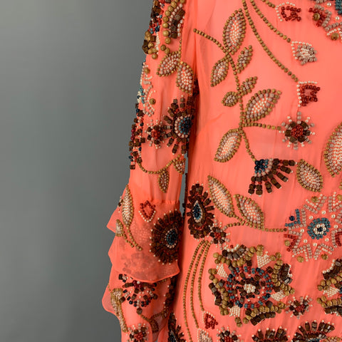 MATTHEW WILLIAMSON Size 8 Orange Multi-Color Polyester Beaded Long Sleeve Dress