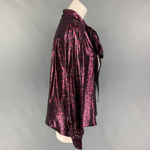 MARC JACOBS Size 10 Black Purple Silk Polyester Floral Bow Blouse