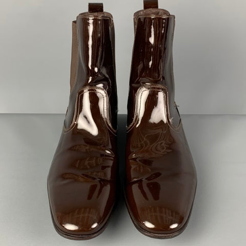 SALVATORE FERRAGAMO Size 10.5 Brown Patent Leather Ankle Boots