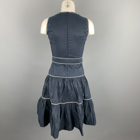 CAROLINA HERRERA Size 0 Navy Tafeta Polyester Tiered Belted Dress