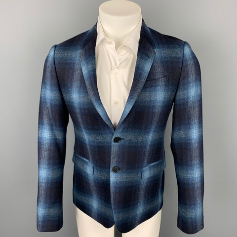 PAUL SMITH The Kensington Size 36 Navy & Blue Plaid Wool Notch Lapel Sport Coat