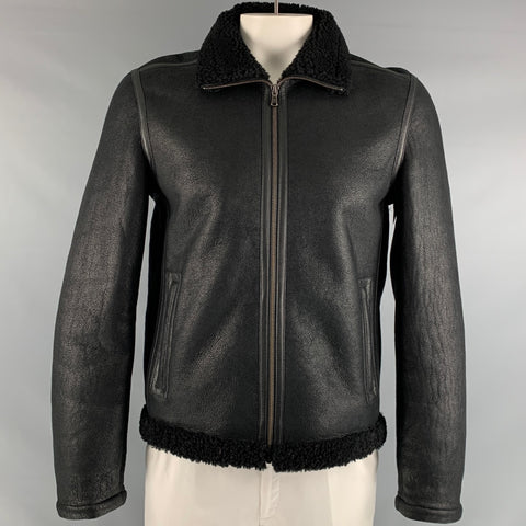 SAKS FIFTH AVENUE Size 42 Black Solid Shearling Zip Up Jacket