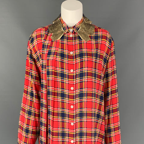 MARC JACOBS Camisa larga con cuello de lentejuelas a cuadros de seda roja y azul talla 4