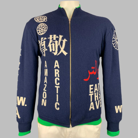 WALTER VAN BEIRENDONCK 2006 Size L Blue & Green Wool / Cotton Reversible Cardigan