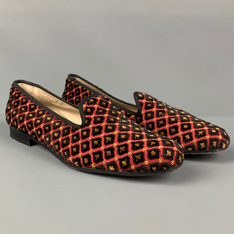 STUBBS &amp; WOOTTON Talla 10 Mocasines planos con textura de terciopelo rojo negro