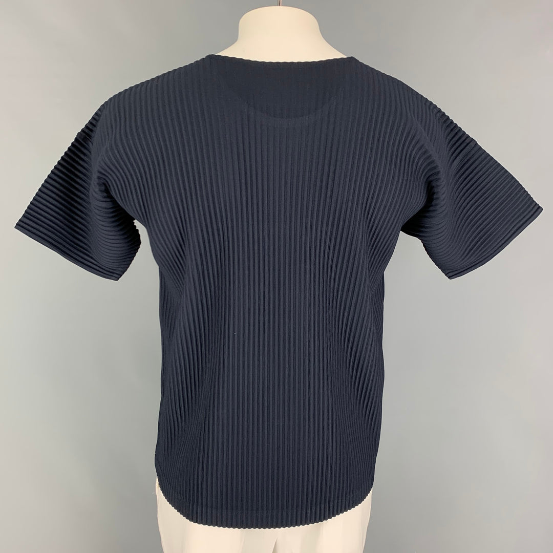 ISSEY MIYAKE HOMME PLISSE Talla XL Camisa Manga Corta Poliester Plisada Cuello Redondo Azul Marino