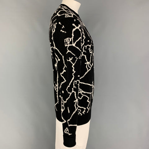 NEIL BARRETT Size L Black White Abstract Wool Viscose Blend Crew-Neck Sweater