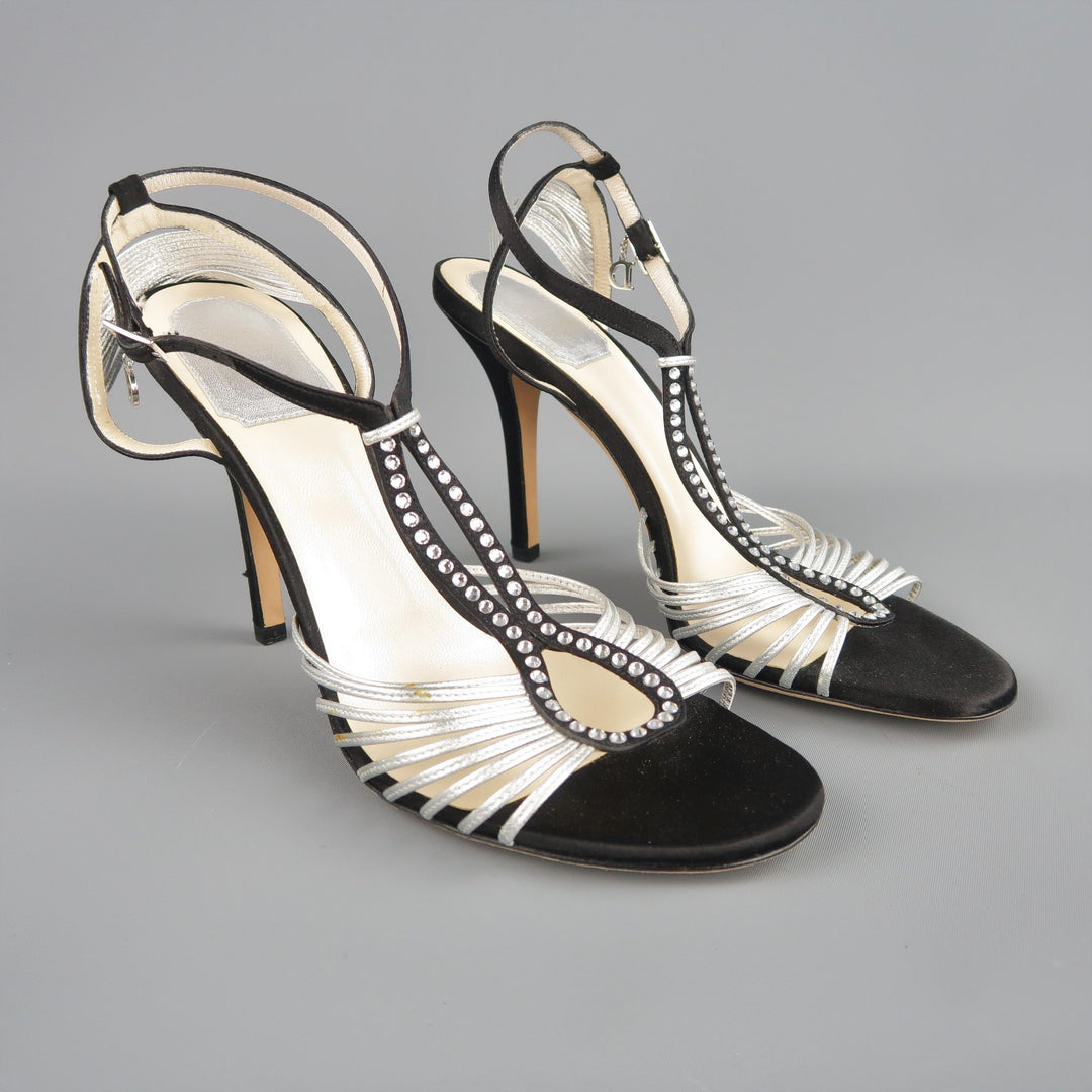 CHRISTIAN DIOR Size 9.5 Black & Silver Silk & Leather Rhinestone T Strap Sandals