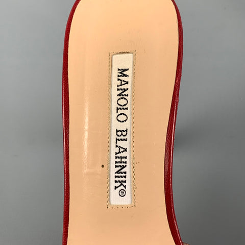 MANOLO BLAHNIK Size 6.5 Red Leather Perforated Ankle Strap Pumps