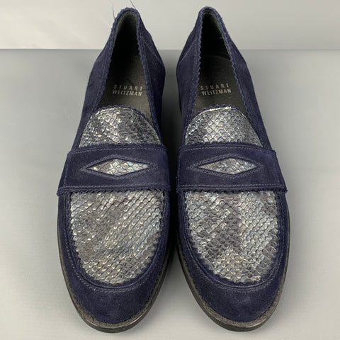 STUART WEITZMAN Size 6.5 Navy Grey Suede Mixed Materials Loafer Flats