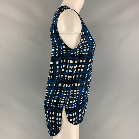 THAKOON Talla 2 Blusa de cuadros de seda / viscosa azul blanca