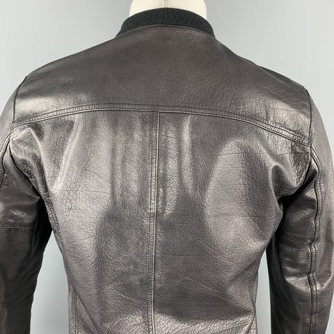 EMPORIO ARMANI Size S Black Leather Full Zip Patch Pockets Distressed Jacket