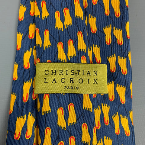 CHRISTIAN LACROIX Corbata de seda con huellas azul marino y amarillo
